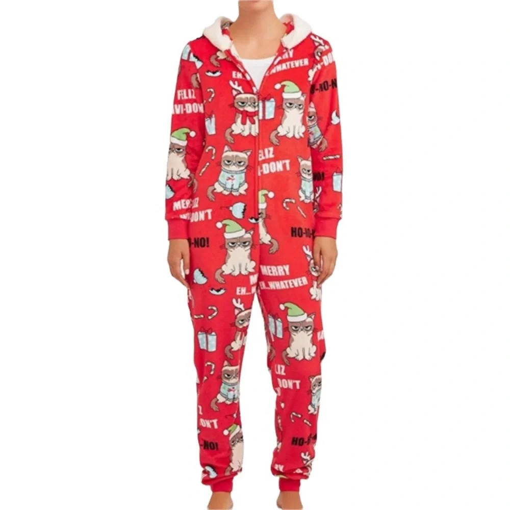 Grumpy Cat Hooded Lounge Union Suit Pajama Christmas Matching Family Pajamas - Picture 12 of 12